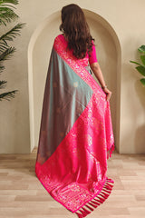 Comely Grey Soft Banarasi Silk Saree With Cynosure Blouse Piece