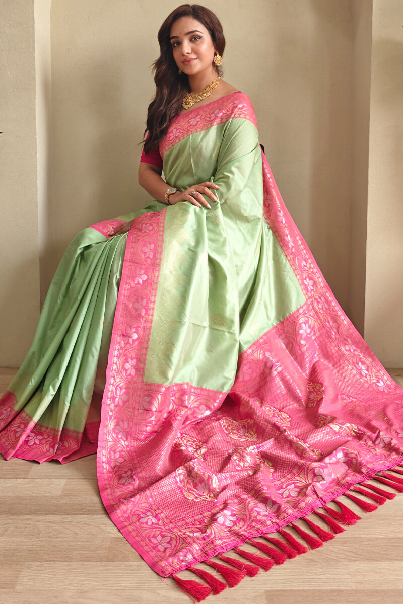 Felicitous Pista Soft Banarasi Silk Saree With Tempting Blouse Piece