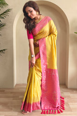 Incomparable Yellow Soft Banarasi Silk Saree With Seraphic Blouse Piece