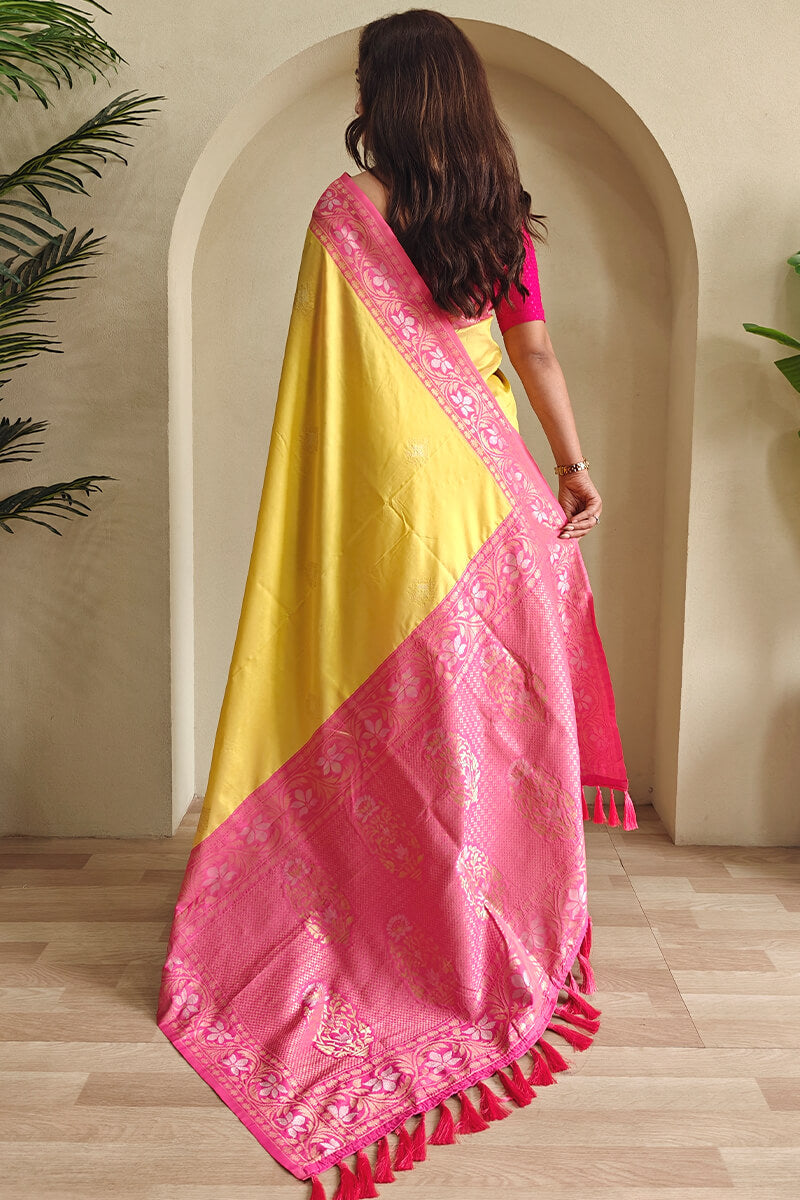 Incomparable Yellow Soft Banarasi Silk Saree With Seraphic Blouse Piece