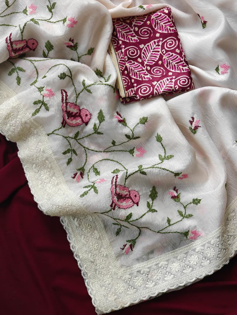 Verdant Off White Embroidery Work Crush Chiffon Silk Saree With Desiring Blouse Piece