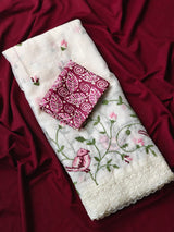 Verdant Off White Embroidery Work Crush Chiffon Silk Saree With Desiring Blouse Piece