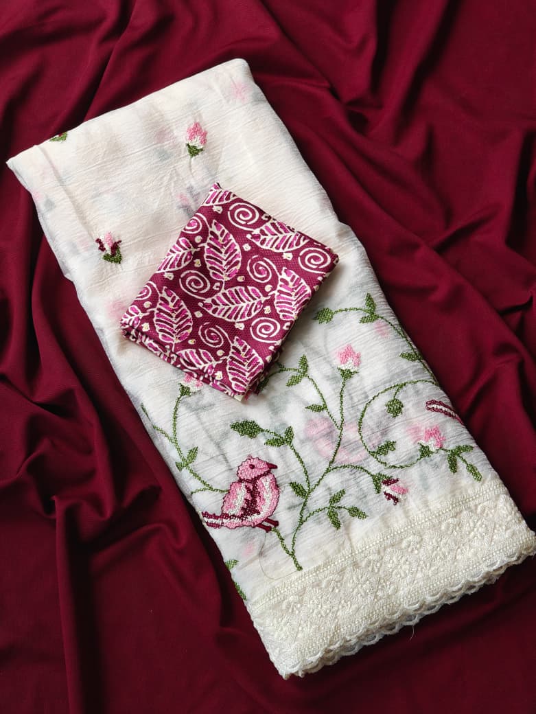 Verdant Off White Embroidery Work Crush Chiffon Silk Saree With Desiring Blouse Piece