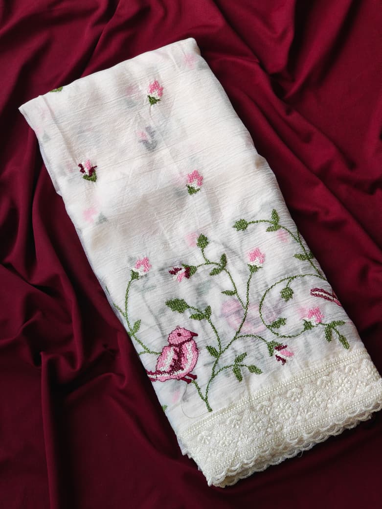 Verdant Off White Embroidery Work Crush Chiffon Silk Saree With Desiring Blouse Piece