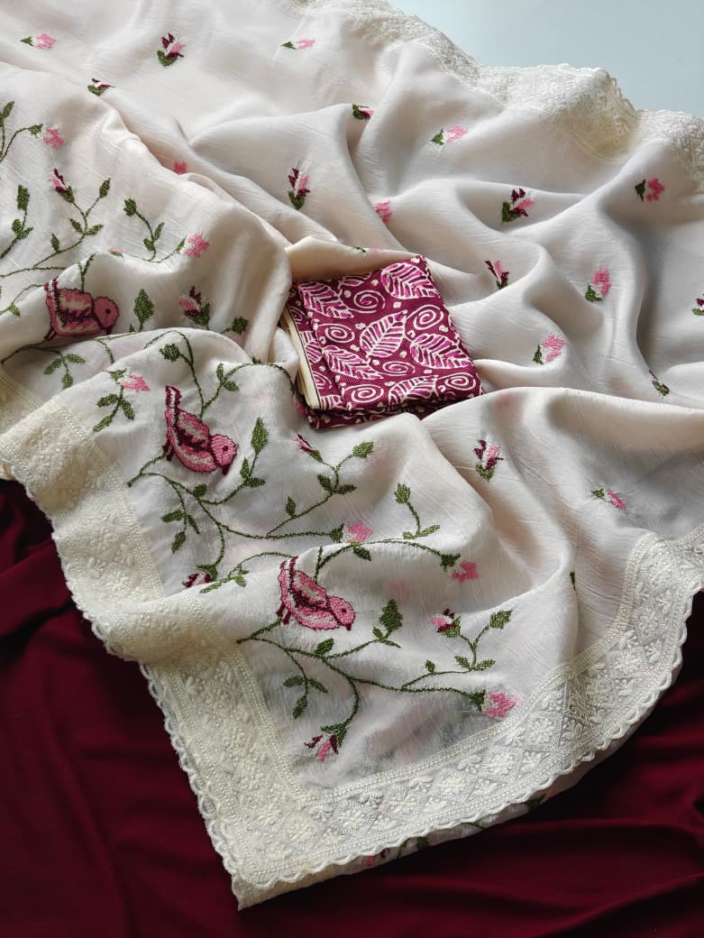 Verdant Off White Embroidery Work Crush Chiffon Silk Saree With Desiring Blouse Piece