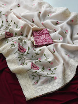 Verdant Off White Embroidery Work Crush Chiffon Silk Saree With Desiring Blouse Piece