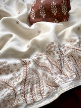 Designer Beige Embroidery Work Kota Silk Saree With Beauteous Blouse Piece