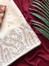 Designer Beige Embroidery Work Kota Silk Saree With Beauteous Blouse Piece