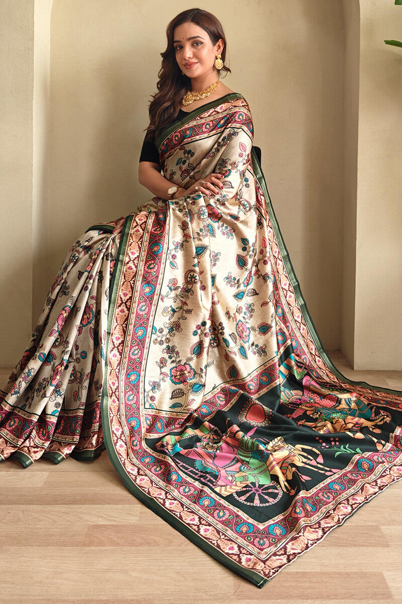 Eloquence Beige Soft Silk Kalamkari Printed Saree With Fancifull Blouse Piece