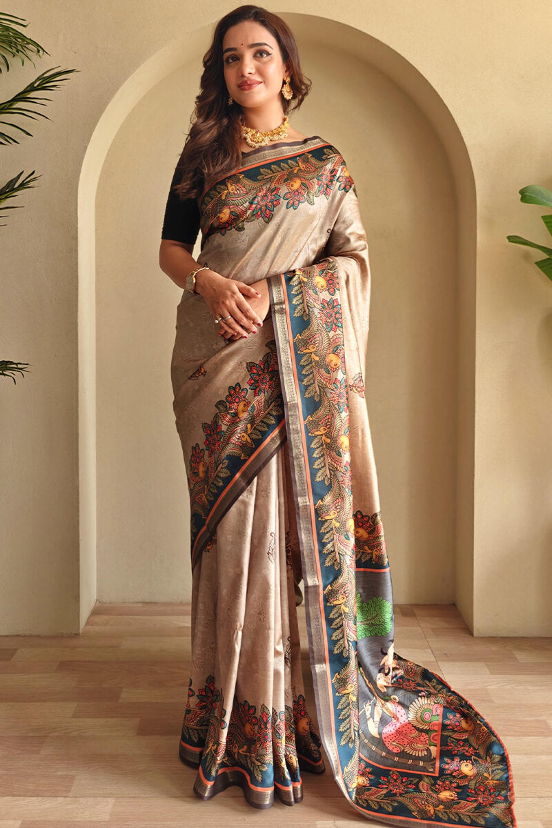 Lissome Dark Beige Soft Silk Kalamkari Printed Saree With Engrossing Blouse Piece