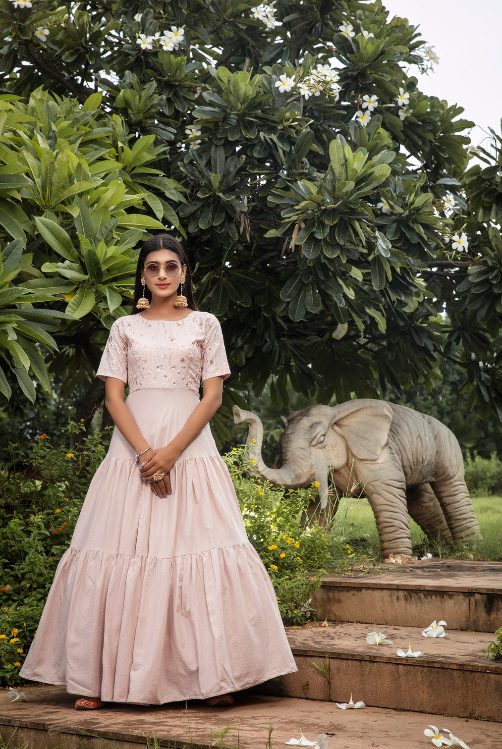 Tea Rose Pink Cotton Embroidered Party Gown