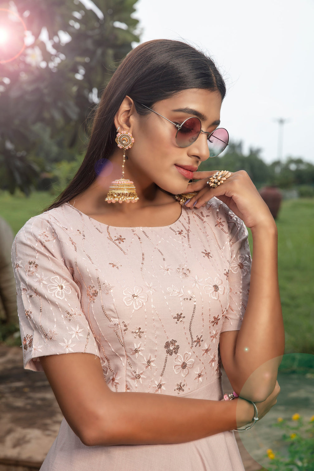 Tea Rose Pink Cotton Embroidered Party Gown