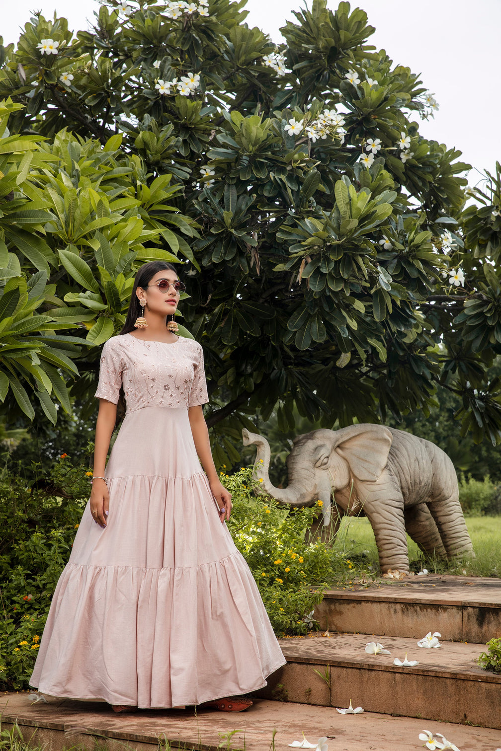 Tea Rose Pink Cotton Embroidered Party Gown