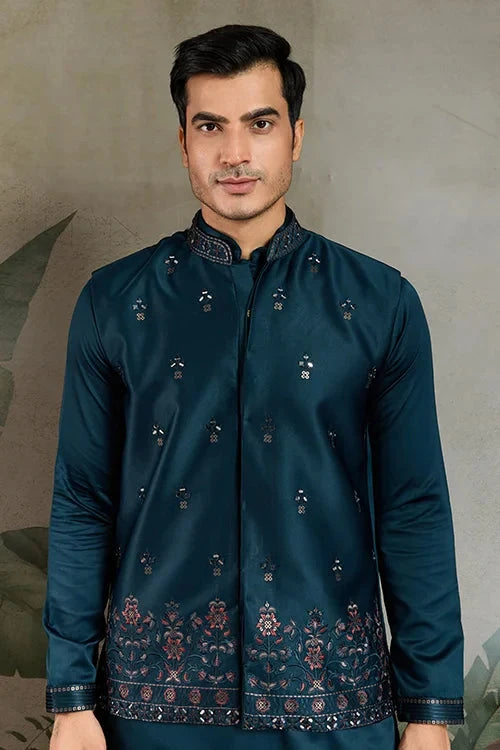 Teal Blue Embroidered Kurta Koti Set for Men