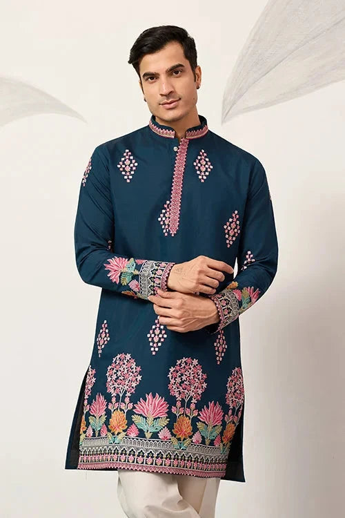 Indian Wedding Style Exclusive Teal Blue Kurta for Mens