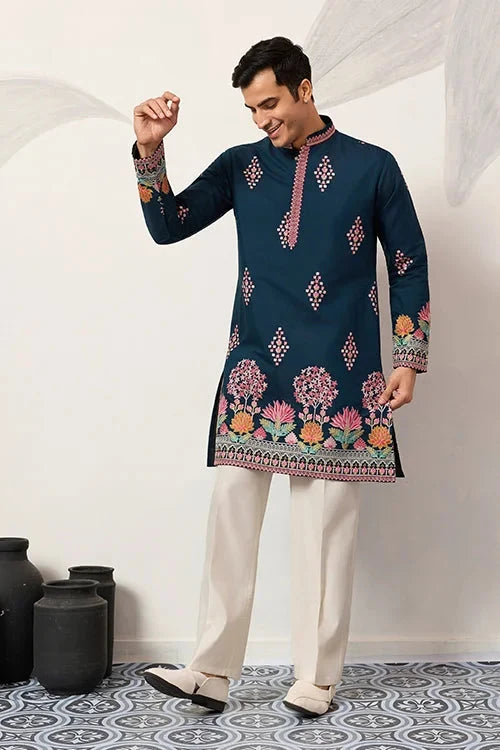 Indian Wedding Style Exclusive Teal Blue Kurta for Mens