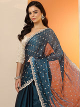 Libas Teal Embroidered Organza Saree With Unstitched Blouse Piece