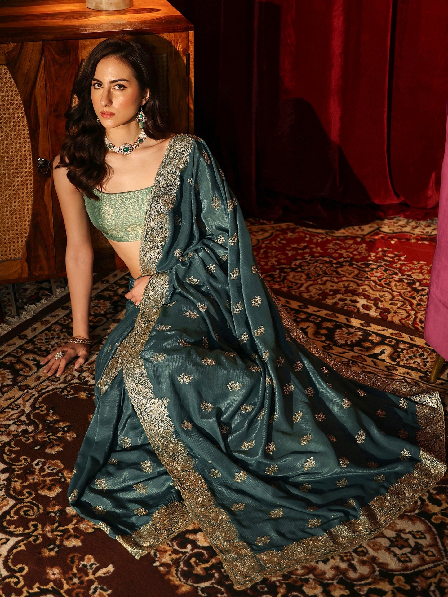 Libas Teal Green Floral Embroidered Satin Saree