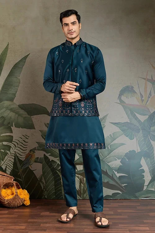 Teal Blue Embroidered Kurta Koti Set for Men