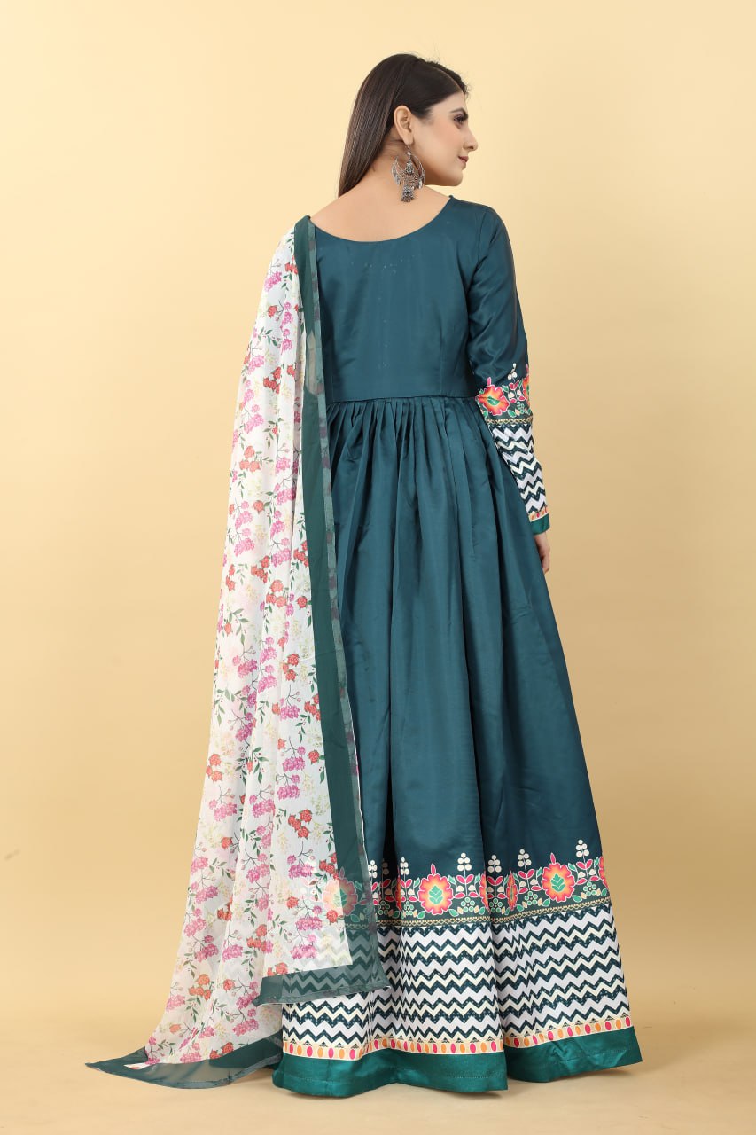 Teal Blue Color Printed Malai Silk Gown