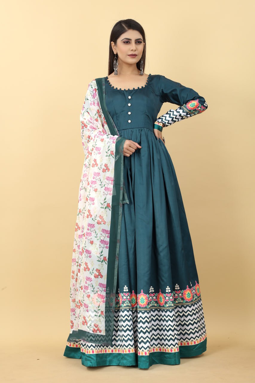 Teal Blue Color Printed Malai Silk Gown