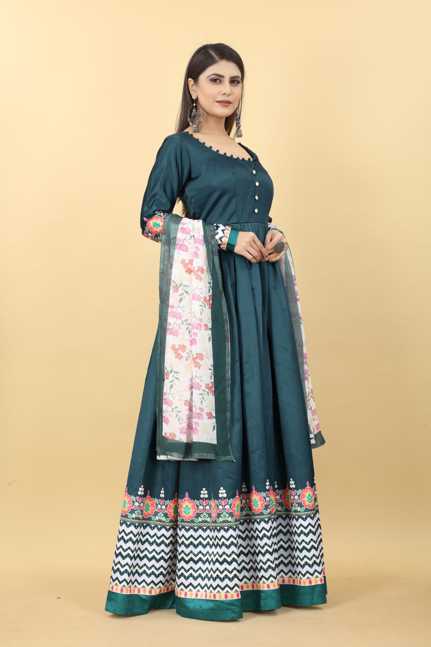 Teal Blue Color Printed Malai Silk Gown