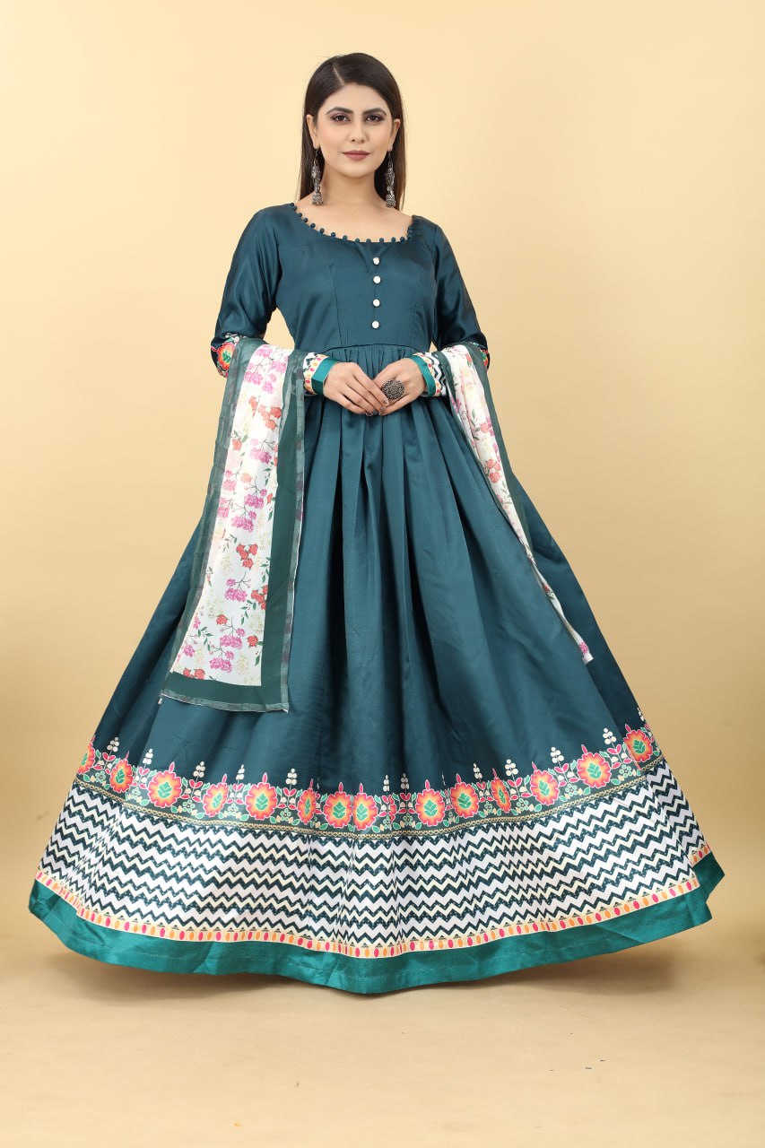 Teal Blue Color Printed Malai Silk Gown