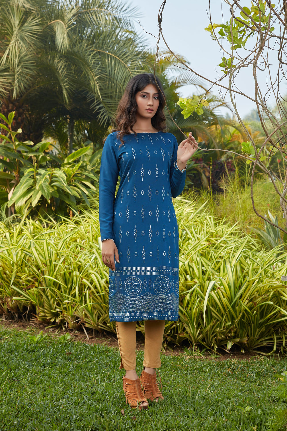 Teal Blue Mukaish Work Cotton Silk Kurta