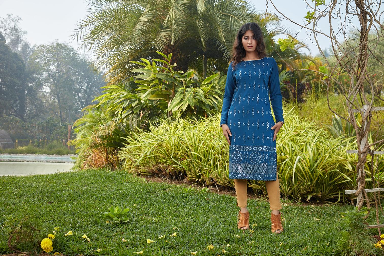 Teal Blue Mukaish Work Cotton Silk Kurta