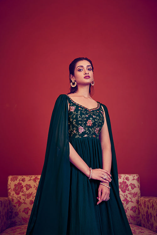 Teal Blue Off the Shoulder Embroidered Long Anarkali Style Gown