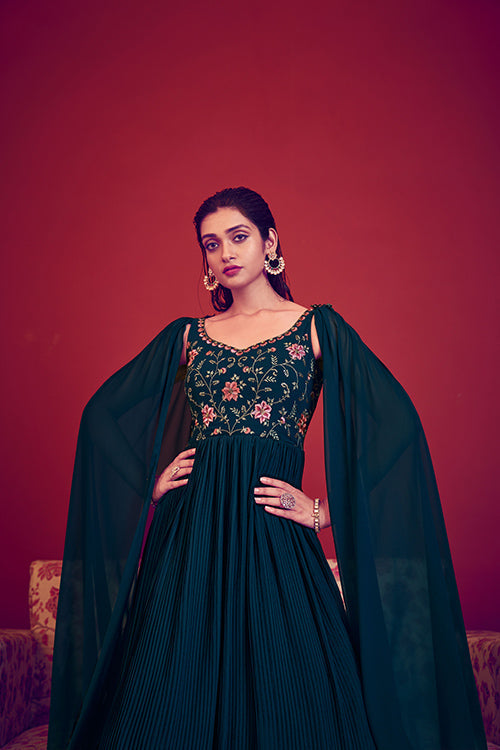 Teal Blue Off the Shoulder Embroidered Long Anarkali Style Gown