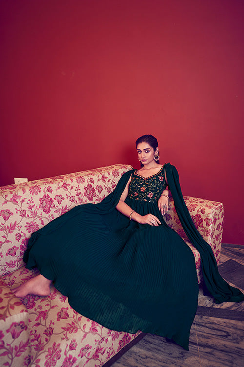 Teal Blue Off the Shoulder Embroidered Long Anarkali Style Gown
