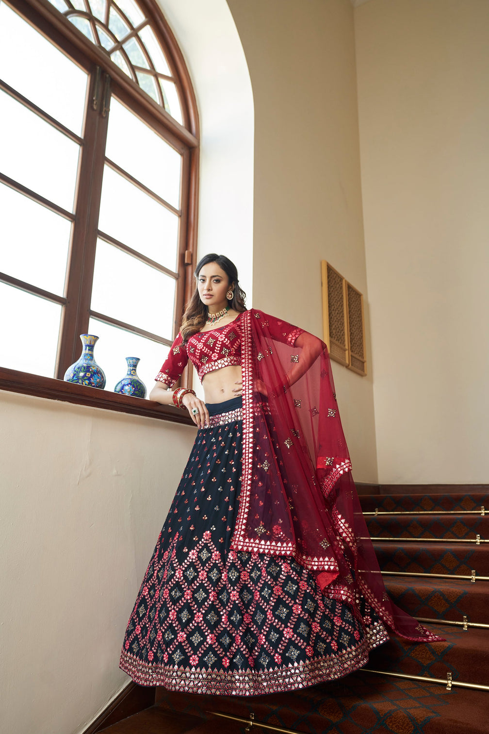 Teal Blue With Maroon Choli, Georgette Fabric And Gota Patti With Thread And Sequence Embroidery Work Heavy Can Can For Wedding, Party Wear