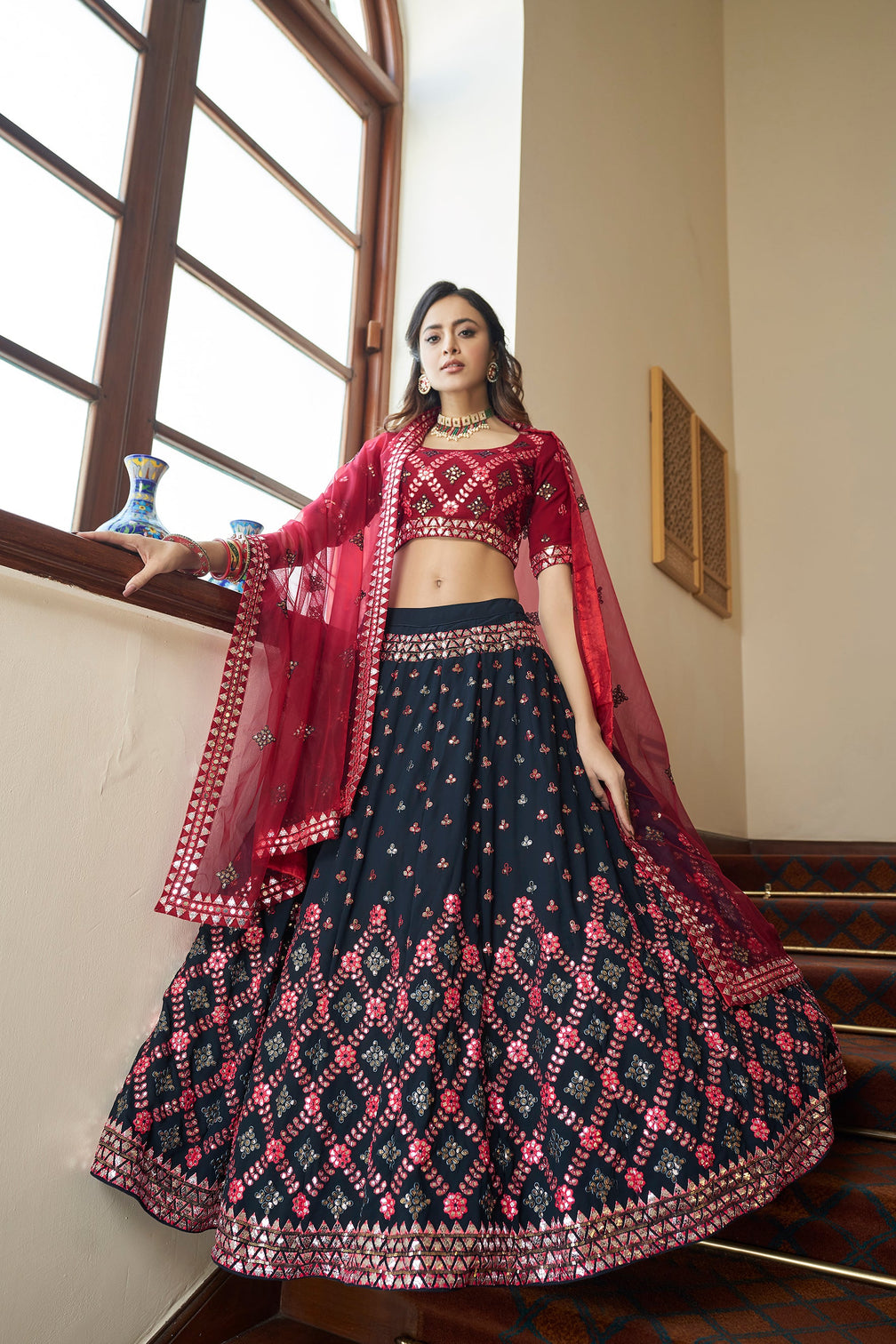 Teal Blue With Maroon Choli, Georgette Fabric And Gota Patti With Thread And Sequence Embroidery Work Heavy Can Can For Wedding, Party Wear