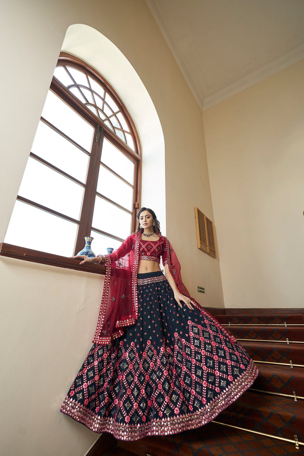 Teal Blue With Maroon Choli, Georgette Fabric And Gota Patti With Thread And Sequence Embroidery Work Heavy Can Can For Wedding, Party Wear