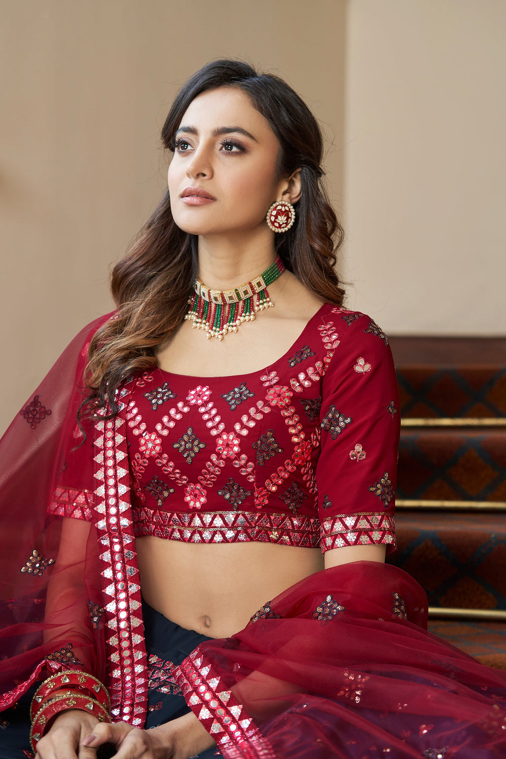 Teal Blue With Maroon Choli, Georgette Fabric And Gota Patti With Thread And Sequence Embroidery Work Heavy Can Can For Wedding, Party Wear