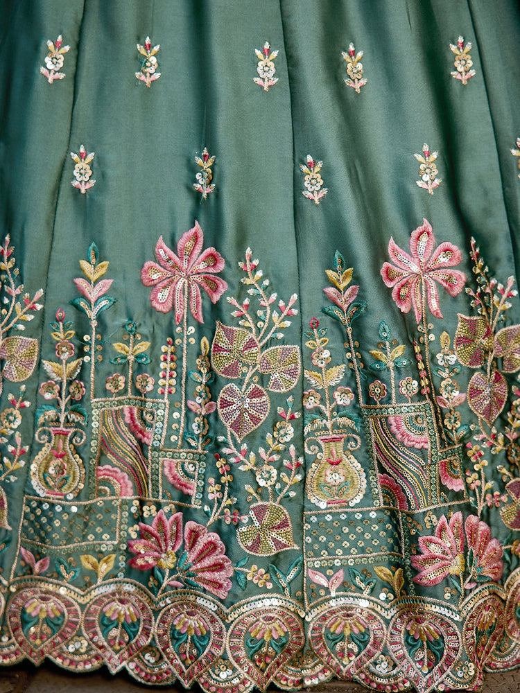 Teal Elegant Chiffon Sequin Embroidered Lehenga Choli Set with Ethnic Dupatta & Handmade Latkan