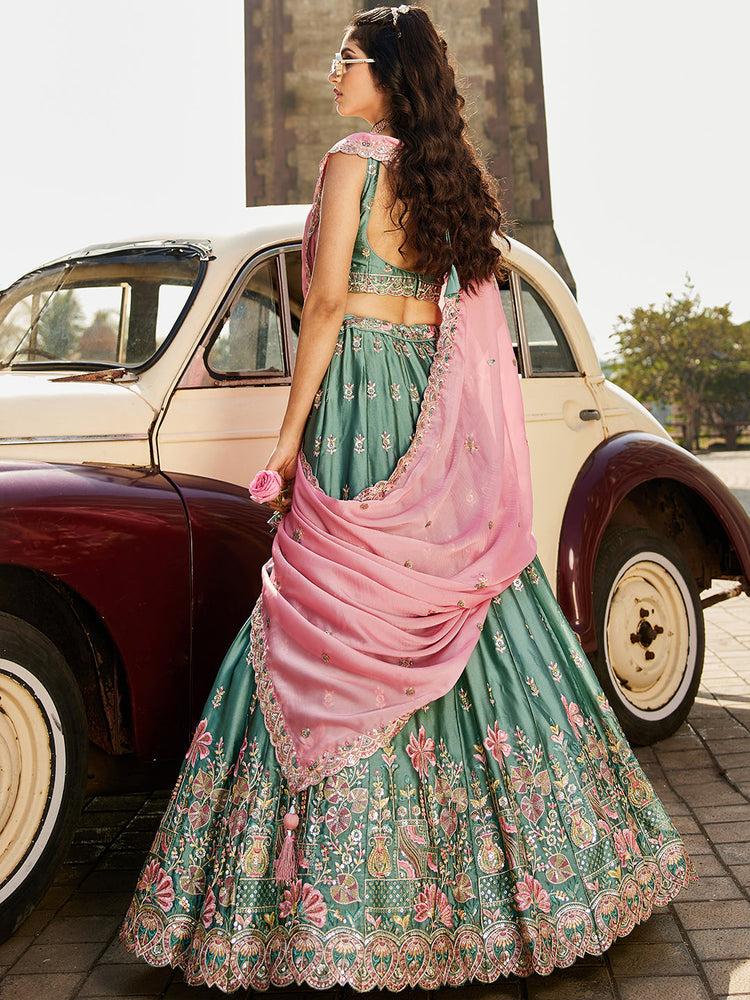 Teal Elegant Chiffon Sequin Embroidered Lehenga Choli Set with Ethnic Dupatta & Handmade Latkan