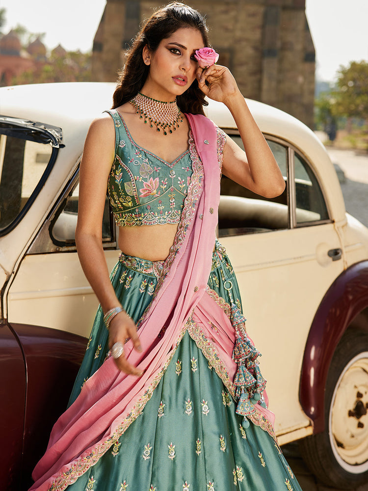 Teal Elegant Chiffon Sequin Embroidered Lehenga Choli Set with Ethnic Dupatta & Handmade Latkan