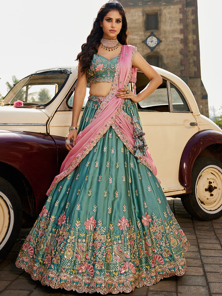 Teal Elegant Chiffon Sequin Embroidered Lehenga Choli Set with Ethnic Dupatta & Handmade Latkan