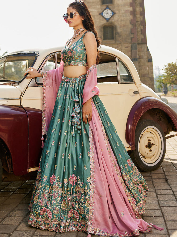 Teal Elegant Chiffon Sequin Embroidered Lehenga Choli Set with Ethnic Dupatta & Handmade Latkan
