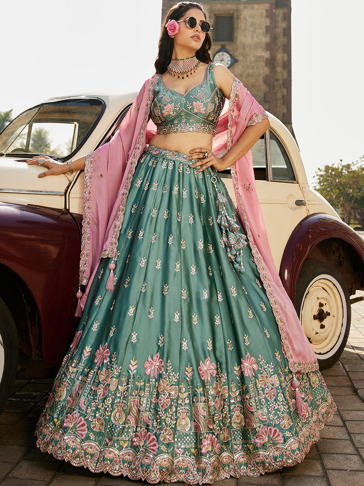 Teal Elegant Chiffon Sequin Embroidered Lehenga Choli Set with Ethnic Dupatta & Handmade Latkan
