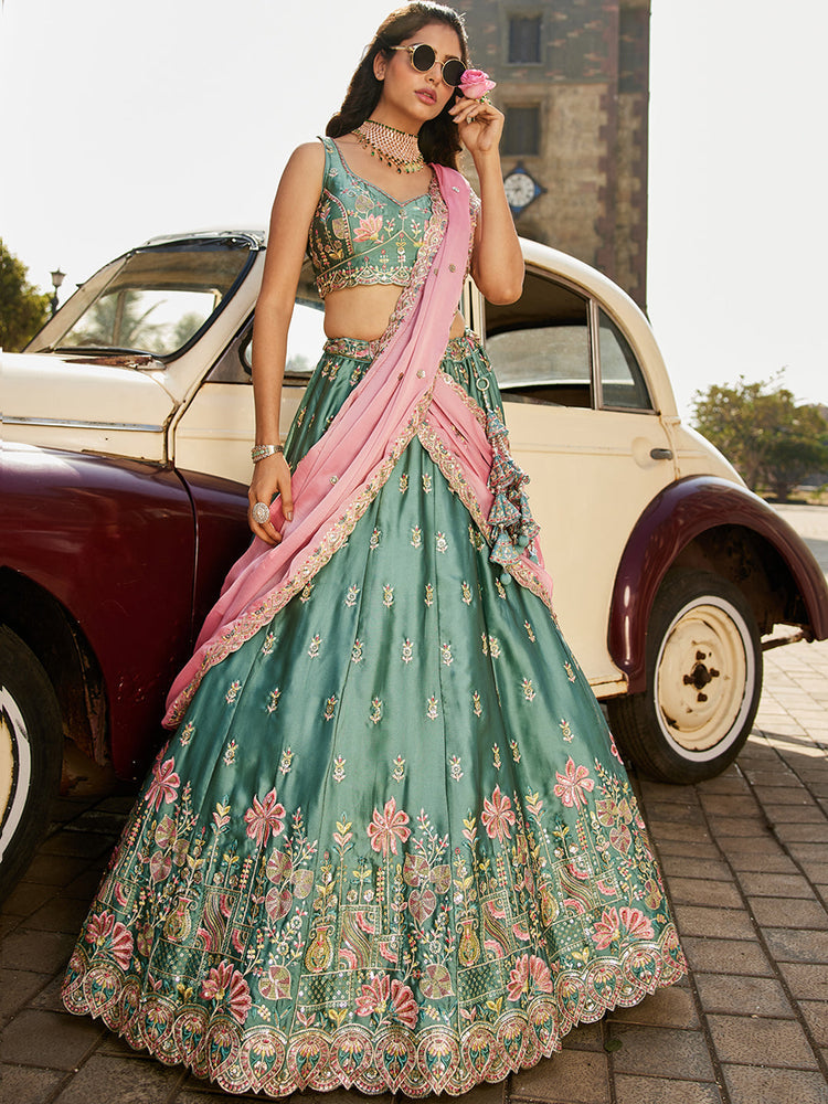 Teal Elegant Chiffon Sequin Embroidered Lehenga Choli Set with Ethnic Dupatta & Handmade Latkan