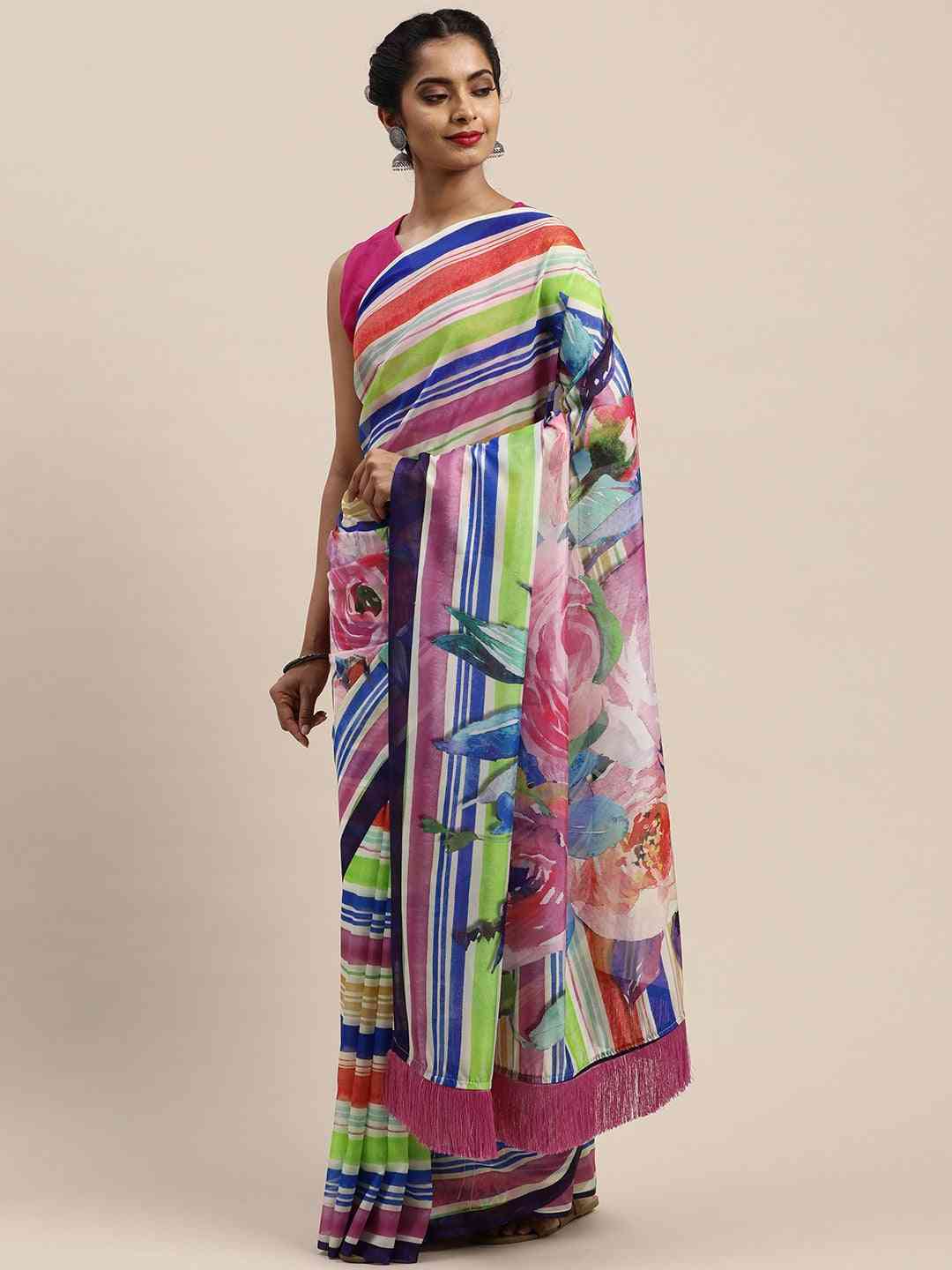 Pure Silk Resham Tassel And Striped Work Saree