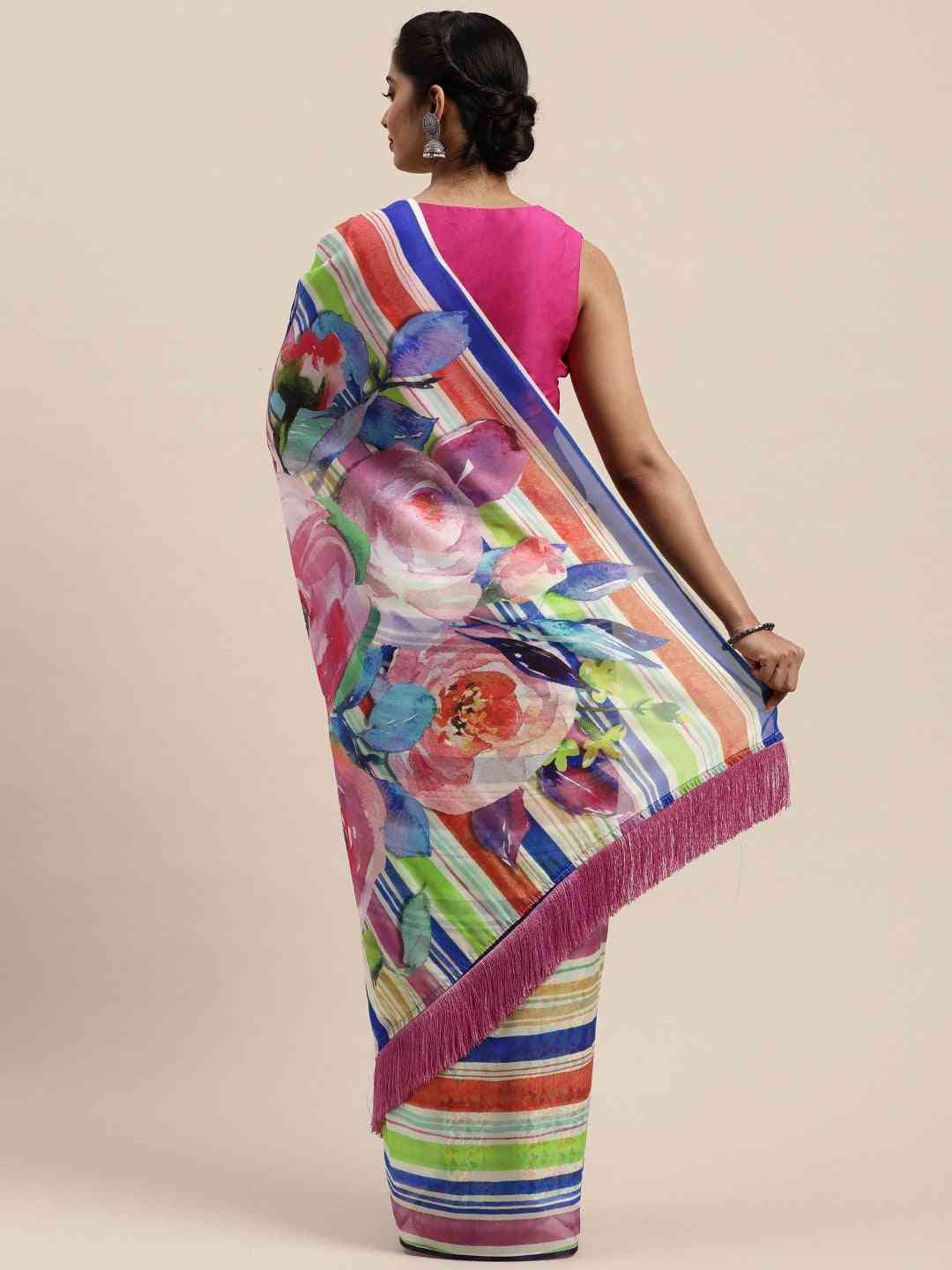 Pure Silk Resham Tassel And Striped Work Saree