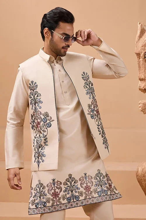 Tendy Beige Wedding Special Koti Kurta Set for Mens Wear