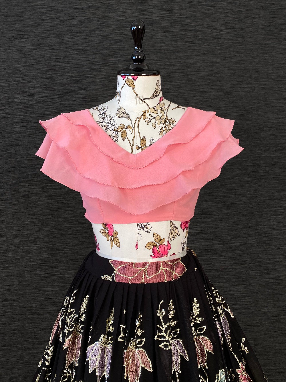 Black & Pink Color Thread And Sequins Embroidery Work Georgette Two Piece Lehenga Set