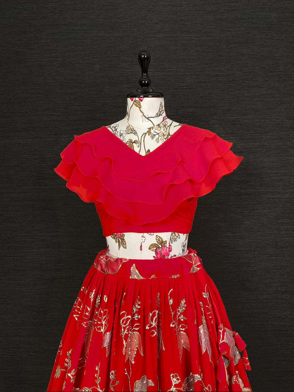 Red Color Thread And Sequins Embroidery Work Georgette Lehenga Set