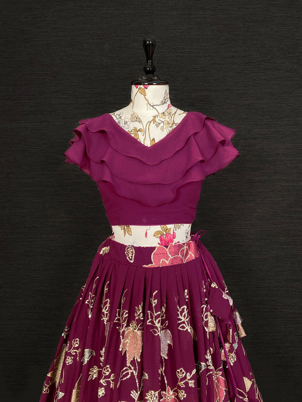 Wine Color Thread And Sequins Embroidered Work Georgette Lehengha Choli