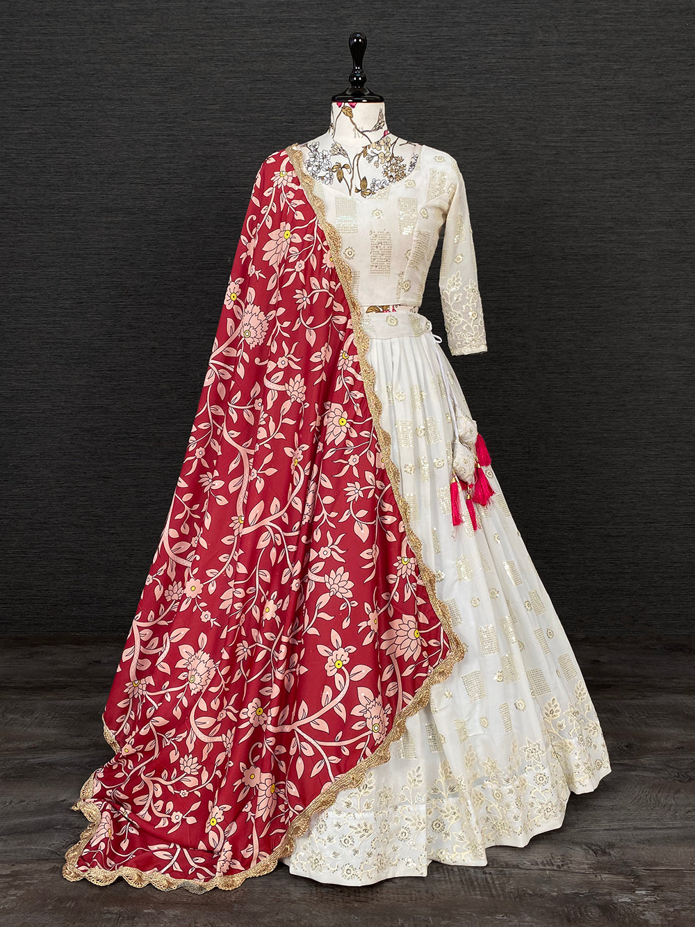 White Color Sequins And Thread Embroidery Work Georgette Lehenga Choli With Muslin Silk Dupatta